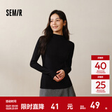 森马（Semir）长袖t恤女短款半高领薄绒轻暖打底衫2024冬新款纯色修身抓绒内搭 黑色90001 2XL
