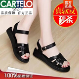 卡帝乐鳄鱼轻奢高档真皮2026夏季新款凉鞋女真软皮平底厚底时尚百搭坡跟鱼嘴 黑色:[标准码] 35