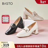 百思图秋季商场新款舒适乐福鞋高跟鞋羊皮鞋粗跟女单鞋KA103AA3 粉色 36