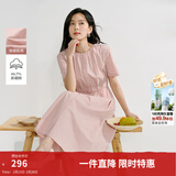 茵曼2026夏季女装新款欧若风圆领抽褶腰带棉质混纺短袖气质连衣裙 浅粉色 S