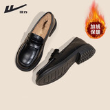 回力乐福鞋女鞋英伦风2026新款加绒黑色软底舒适工作爆款小皮鞋子 黑色【加厚长绒】 36