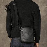 ANDSEEYOU品牌 头层牛皮斜挎包男 手工真皮竖款单肩包休闲商务通勤上班背包 黑色