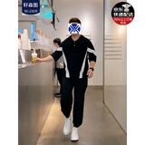轩森图（XUANSENTU）微胖男生夏季显瘦穿搭短袖T恤男韩版宽松拼接V字半袖体恤套装搭 黑色T恤+黑色裤子 3XL (185) （180-200斤）