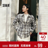 森马（Semir）长袖衬衫女春季中长款oversize翻领落肩格纹女生衬衣101125105007