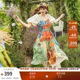 两三事油画风连衣裙女秋季梵高碎花法式高腰裙子收腰显瘦众星捧月 花色 S