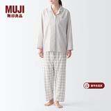 MUJI 女式 无侧缝双层纱织睡衣女士家居服春秋纯棉条纹格纹长袖 女款 浅米色格纹 M (上装160/84A下装160/66A)