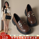 ZHR乐福鞋女软底百搭圆头小皮鞋子女英伦风粗跟女鞋 OFTEP06 棕色 37