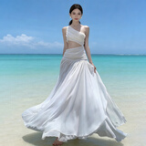 乐卡利法式连衣裙女海边度假仙女长裙夏斜肩露腰氛围清冷感小众高级礼服 法式斜肩连衣裙【M 100左右】