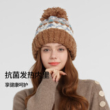 卡蒙（Kenmont）羊驼毛圈圈纱提花针织帽女秋冬防寒保暖毛球护耳毛线帽9442