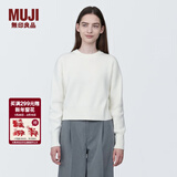 MUJI女式 棱纹编织 圆领短款针织衫 长袖女款 女装 薄款毛衣 米白色 M (160/84A)