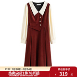 独束大码女装假两件撞色衬衫领连衣裙女秋冬微胖mm文艺复古穿搭裙子 勃艮第红【适合160左右】 4XL