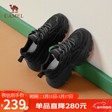 骆驼（CAMEL）老爹鞋女网布皮面拼接双系带厚底休闲鞋 L24S283079 黑色 40