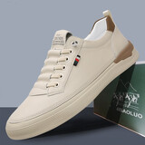 BOOLFEN轻奢男鞋2026新款春夏季透气真牛皮小白鞋休闲德训鞋百搭板鞋子男 米色【正品男鞋】 41 (255mm)