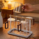 泥也水杯玻璃茶杯套装耐热高硼硅泡绿茶木把办公杯家用凉沥水杯架整套