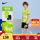NIKE 耐克男童短袖T恤+短裤2件套装夏季时尚满印舒适运动儿童短袖套装 嫩芽绿 130 /64 【建议身高116-122cm】