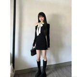 乐卡利法式纯欲蝴蝶结连衣裙女春秋打底修身气质露肩包臀a字短裙小黑裙 黑色 S