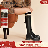天美意靴子女商场同款时装靴休闲女高筒靴女鞋 黑色（薄绒） 38