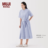 MUJI女式 凉感 短袖衬衫连衣裙女装裙子纯棉25年夏季长裙 萨克森蓝条纹 XL (165/92A)