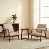 阿拉蕾 北欧实木单人沙发椅简约现代风小户型布艺休闲客厅阳台卧室椅子 2椅1桌组合【卡其色 棉麻】胡桃色木架