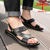 蜻蜓牌夏季男士休闲凉鞋真皮牛皮软底沙滩鞋透气外穿两用防滑凉拖鞋 黑色 39