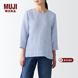 MUJI MUJI 女式 亚麻水洗 七分袖罩衫 T恤 亚麻上衣 BCA25C2S 烟熏蓝色条纹 L(165/88A)