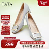 他她女鞋粗跟单鞋真皮方头休闲鞋高跟浅口鞋子7YO01AQ4 兰灰 34