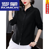 罗蒙（ROMON）100%纯棉衬衫女中年妈妈文艺麻26春夏季新款大尺码宽松遮肉上衣女 黑色 L 【建议105-120斤】
