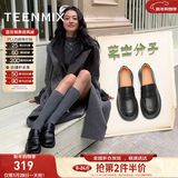 天美意芝士分子乐福鞋厚底女鞋复古一脚蹬小皮鞋新款 黑色 40