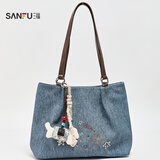 三福挎包女新款包包休闲通勤女包多巴胺大容量单肩包托特包新年礼物4 牛仔线条小狗 大