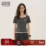Teenie Weenie小熊女装夏季波浪领休闲撞色假两件短袖T恤修身上衣 深灰色 XS (155)