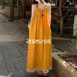 巧丂法式流苏褶皱吊带连衣裙女夏季海边度假宽松休闲沙滩长裙 杏黄色 S