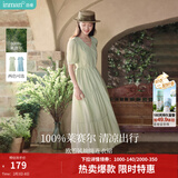 茵曼（INMAN）法式薄荷曼波连衣裙2024夏女装新品V领灯笼袖抽绳 水沫绿 M