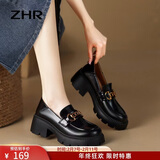 ZHR乐福鞋女真牛皮百搭增高单鞋女厚底通勤舒适女鞋 AY116 黑色 37 