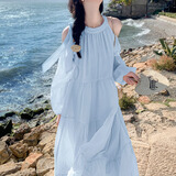 巧丂海边度假连衣裙女夏季2025新款甜美温柔风法式气质绝美露肩沙滩裙 浅蓝色 L 请参考详情页尺码选择