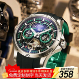 马克华菲（MARK FAIRWHALE）手表男士机械表全自动赛车系列双面镂空国表飞轮夜光防水潮流男表 银壳绿面胶带款