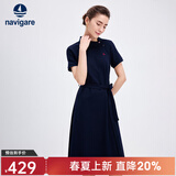 Navigare意大利小帆船短袖连衣裙女士夏季棉质斜领裙子时尚显瘦半袖a字裙 海军蓝 XL 码