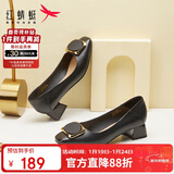 红蜻蜓秋冬女士粗跟小香风皮鞋职业通勤妈妈鞋高跟鞋WFB31540 黑色 34