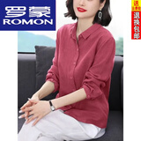 罗蒙（ROMON）100%纯棉衬衫女中年妈妈文艺麻26春夏季新款大尺码宽松遮肉上衣女 山茶红 L 【建议105-120斤】