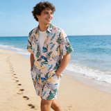 MOLOON男士泳衣短袖花衬衫沙滩服三亚夏威夷风旅游度假情侣夏季薄款套装 套装A款（衬衫+短裤） XL （建议125-145斤）