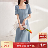 尚都比拉短袖连衣裙女夏季复古赫本风气质通勤裙子中长款A字裙 灰蓝色 XL