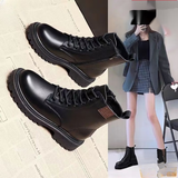 大东女士真软皮马丁靴女2025秋冬新款韩版百搭显瘦英伦单靴厚底平底短靴女 黑色单里 37