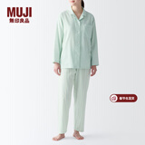 MUJI 女式 无侧缝双层纱织睡衣女士家居服春秋纯棉条纹格纹长袖 女款 淡绿色条纹 M (上装160/84A下装160/66A)