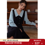 独束大码女装假两件撞色衬衫领连衣裙女秋冬微胖mm文艺复古穿搭裙子 墨染黑【适合165左右】 M