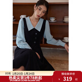 独束大码女装假两件撞色衬衫领连衣裙女秋冬微胖mm文艺复古穿搭裙子 墨染黑【适合165左右】 4XL