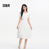 森马（Semir）连衣裙女夏不规则拼接木耳边泡泡袖收腰设计感中长裙101325114041