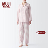 MUJI 女式 无侧缝双层纱织睡衣女士家居服春秋纯棉条纹格纹长袖 女款 浅粉红色格纹 S (上装155/80A下装155/62A)