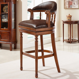 艾斯家乐 实木吧椅美式吧台椅高椅旋转高脚椅 靠背有扶手坐垫酒吧椅岛台椅 樱桃色（牛皮） 坐高61cm