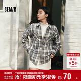 森马（Semir）长袖衬衫女春季中长款oversize翻领落肩格纹女生衬衣101125105007