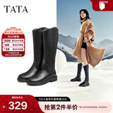 他她（TATA）黑色V口长筒靴女英伦加绒抗寒高筒靴骑士靴冬季G5JA1DG2 黑色（单里） 37