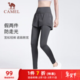 骆驼（CAMEL）弹力假两件健身裤女高腰紧身跑步长裤 Y23BA4L0029A 叠雾灰  L